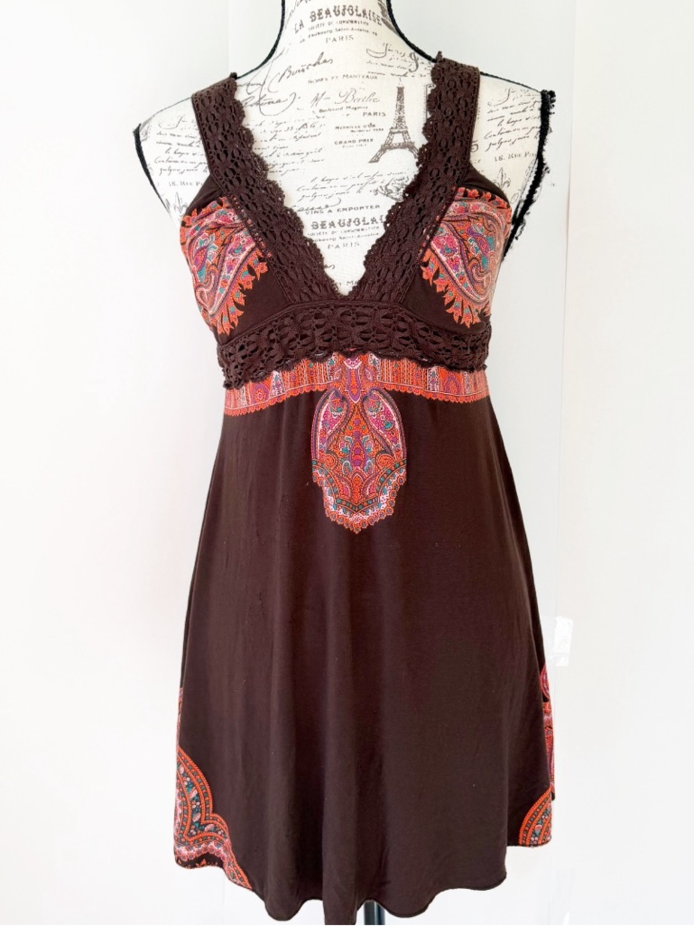 Vintage Free People Brown Paisley-Accent Crochet-Trim minidress XS